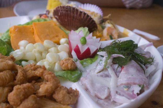 A delicious seafood feast with fried calamari and ceviche.