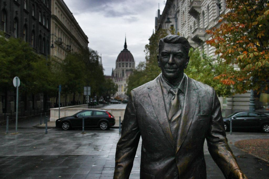 A statue of Ronald Reagan stands in Freedom Square, a monument to defeating communism.