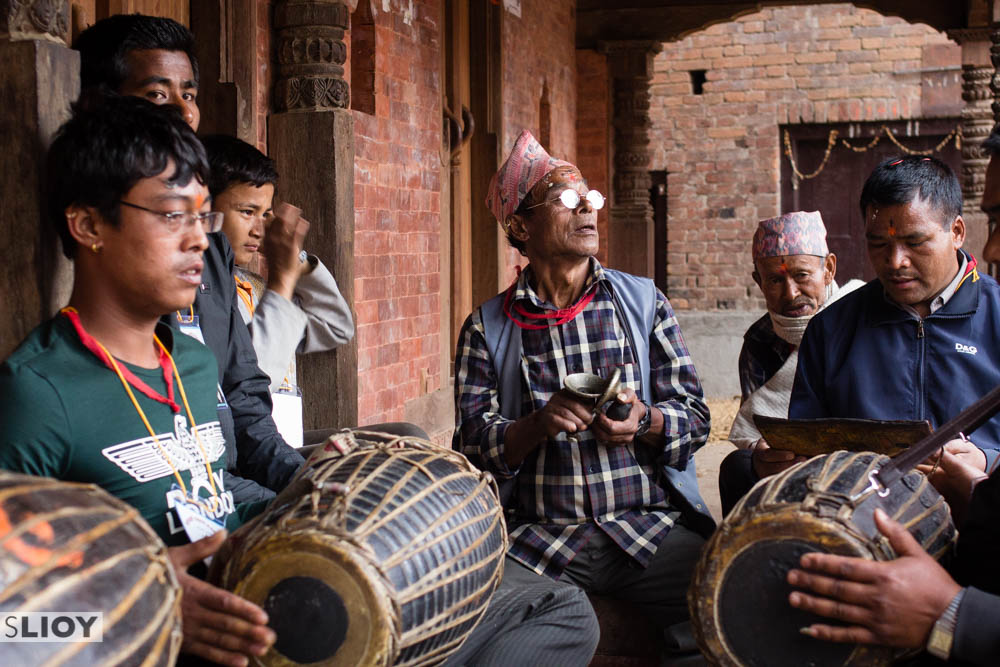 Drumming and singing at Bisket Jatra 2015 in Bhaktapur, Nepal.